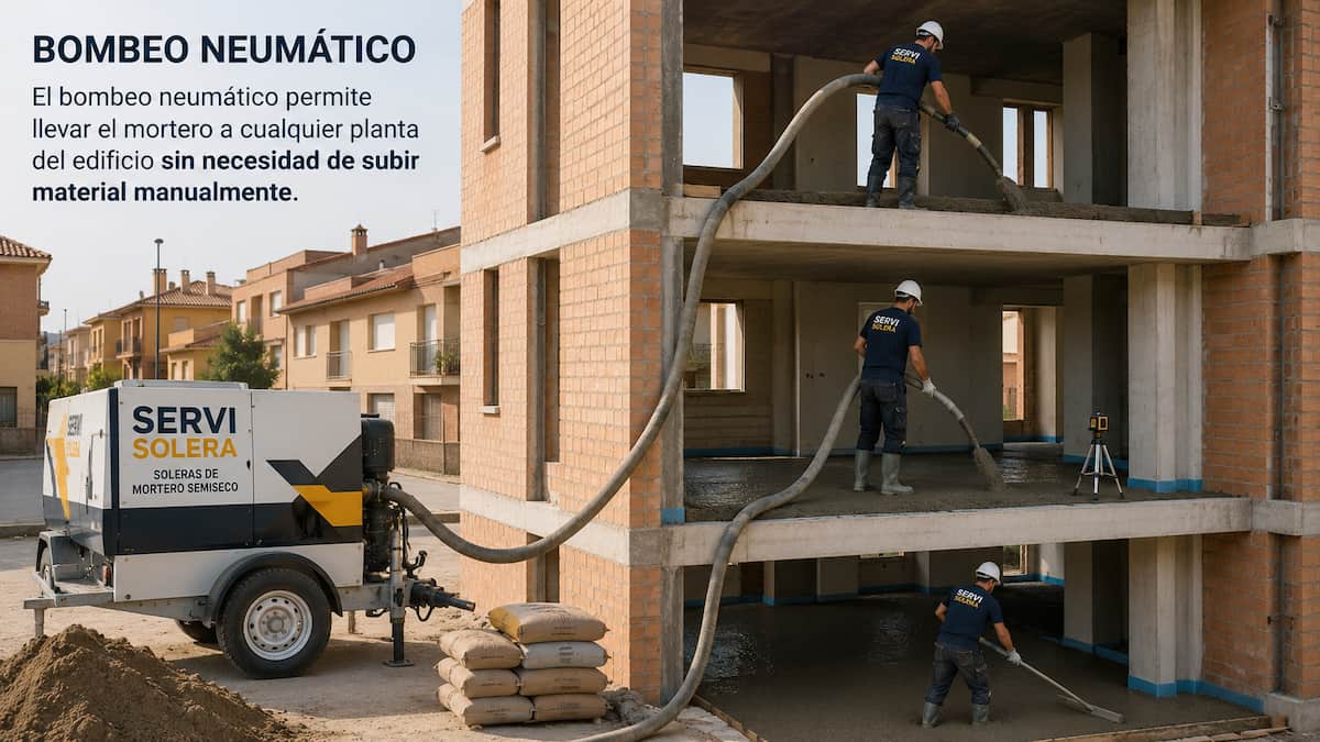 Bombeo de mortero semiseco plastón mediante tubería en obra de Madrid