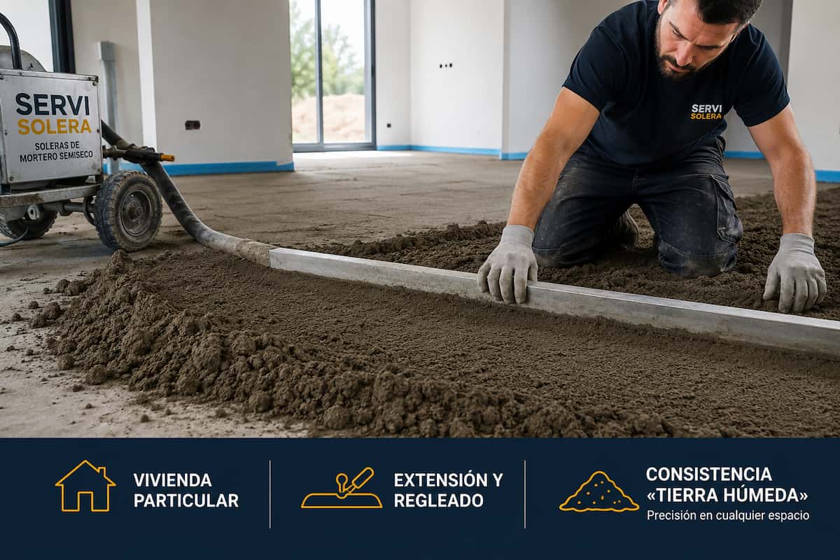Aplicación de solera de mortero semiseco en vivienda de Madrid con regle de aluminio