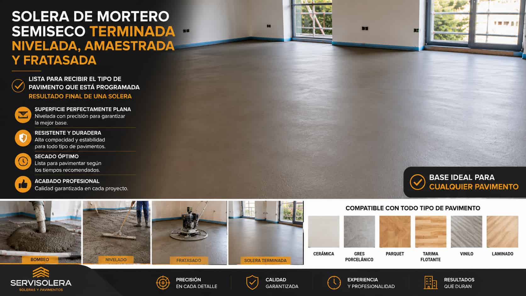 Solera de mortero semiseco terminada con acabado profesional fratasado, lista para recibir pavimento